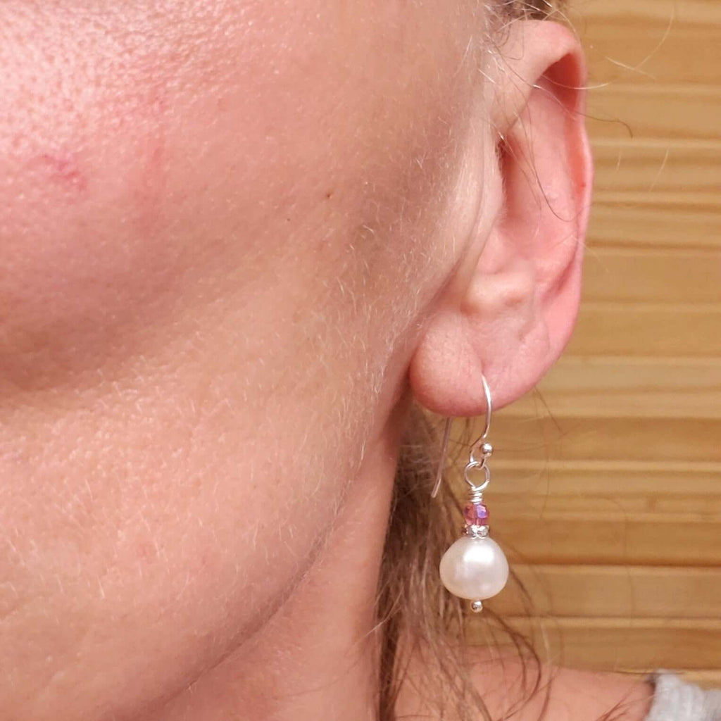 10mm Freshwater Baroque Pearl Sterling Silver Crystal Dangle Earrings