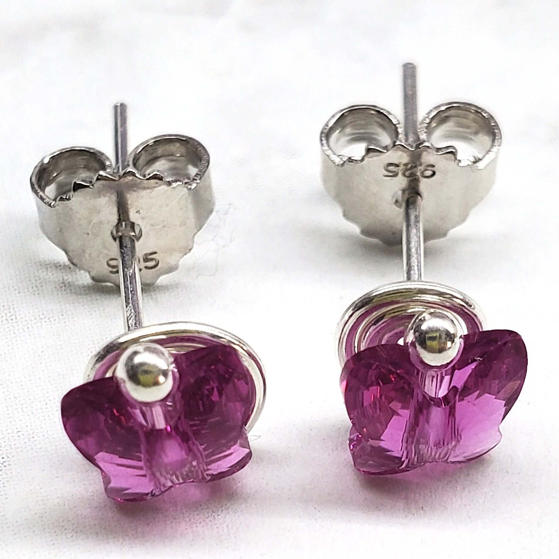 8mm Crystal Butterfly Silver Spiral Stud Earrings