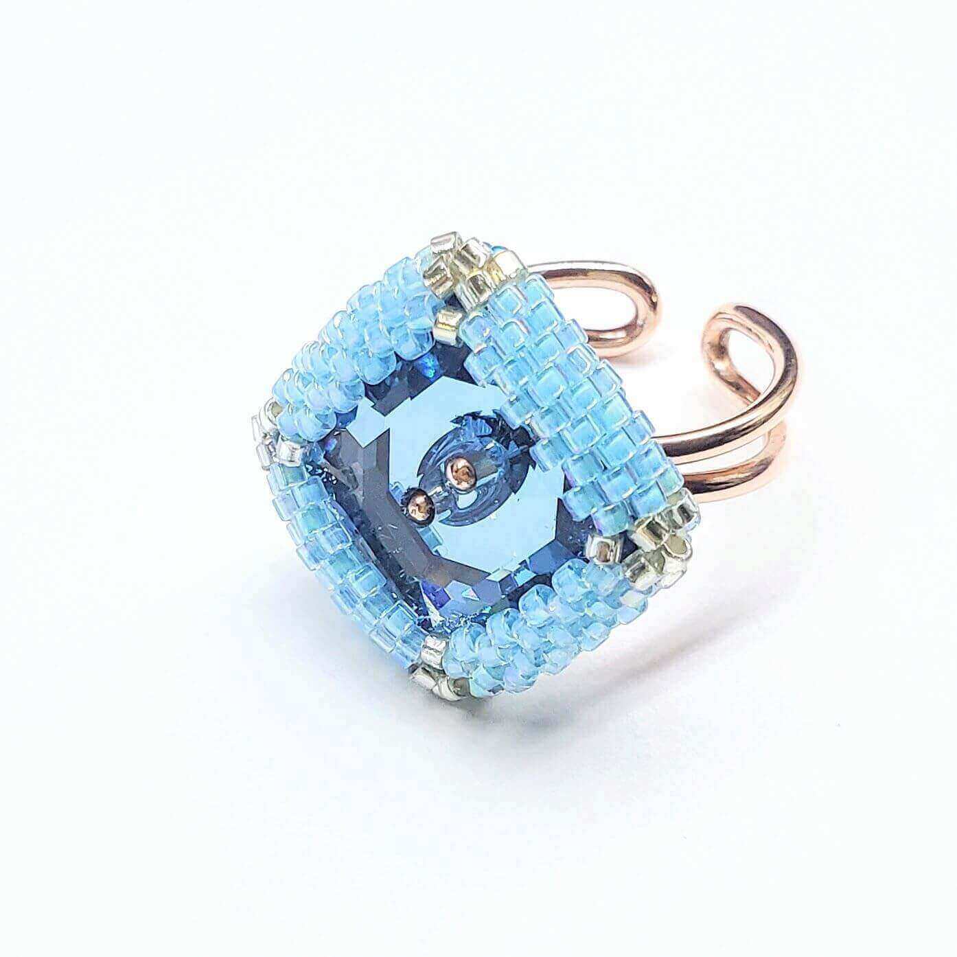 Adjustable Copper Aqua Crystal Bezel Shank Button Ring AS SEEN ON Asia Monet Ray