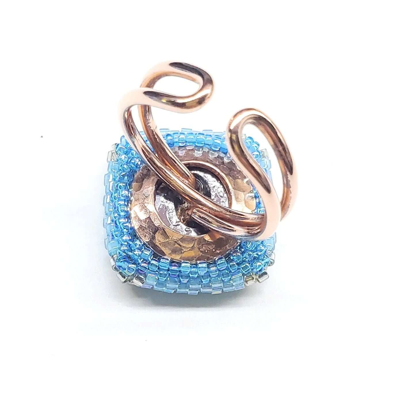 Adjustable Copper Aqua Crystal Bezel Shank Button Ring AS SEEN ON Asia Monet Ray