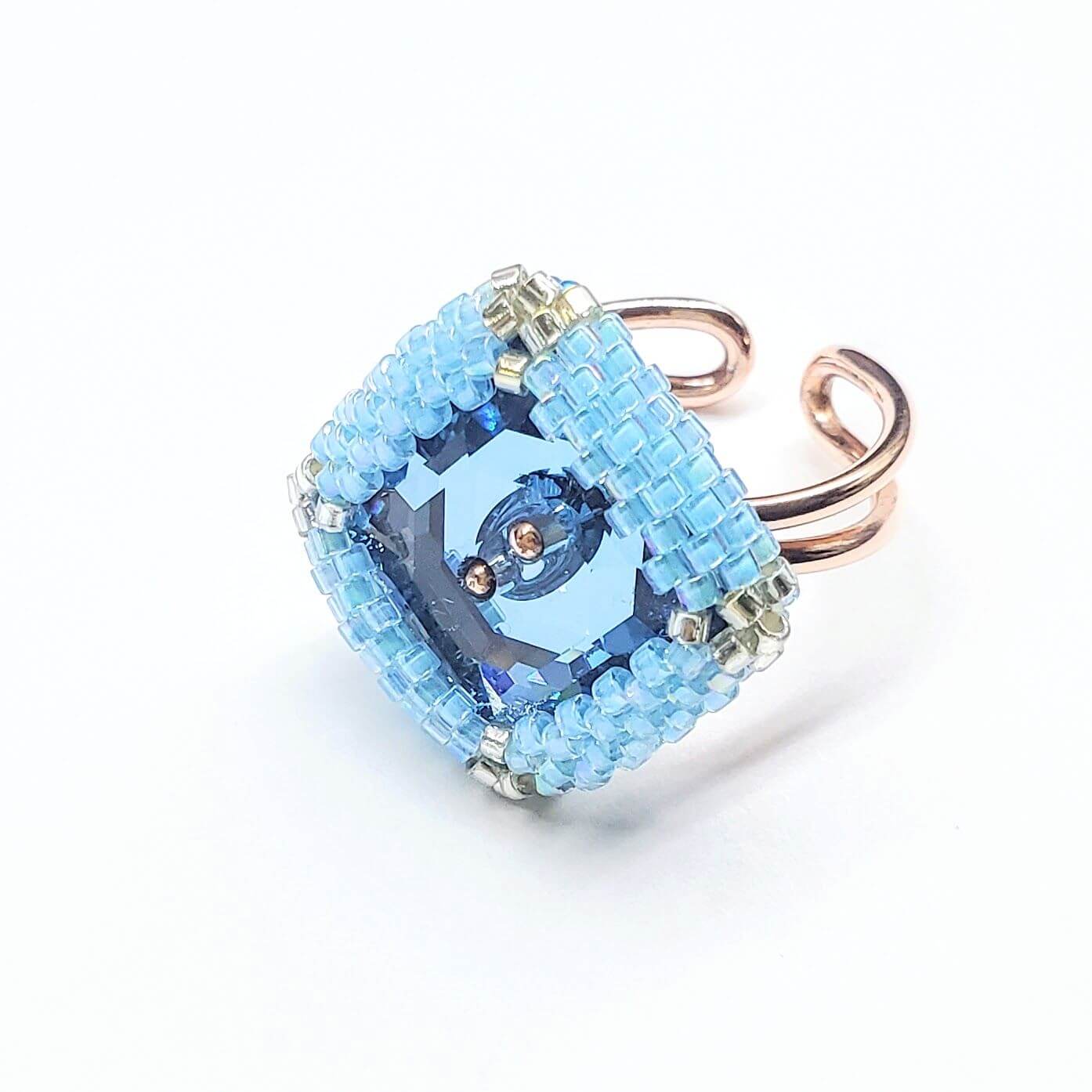 Adjustable Copper Aqua Crystal Bezel Shank Button Ring AS SEEN ON Asia Monet Ray