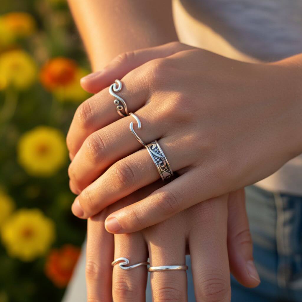 Assorted Sterling Silver Pinky-Toe Band Rings & Waves