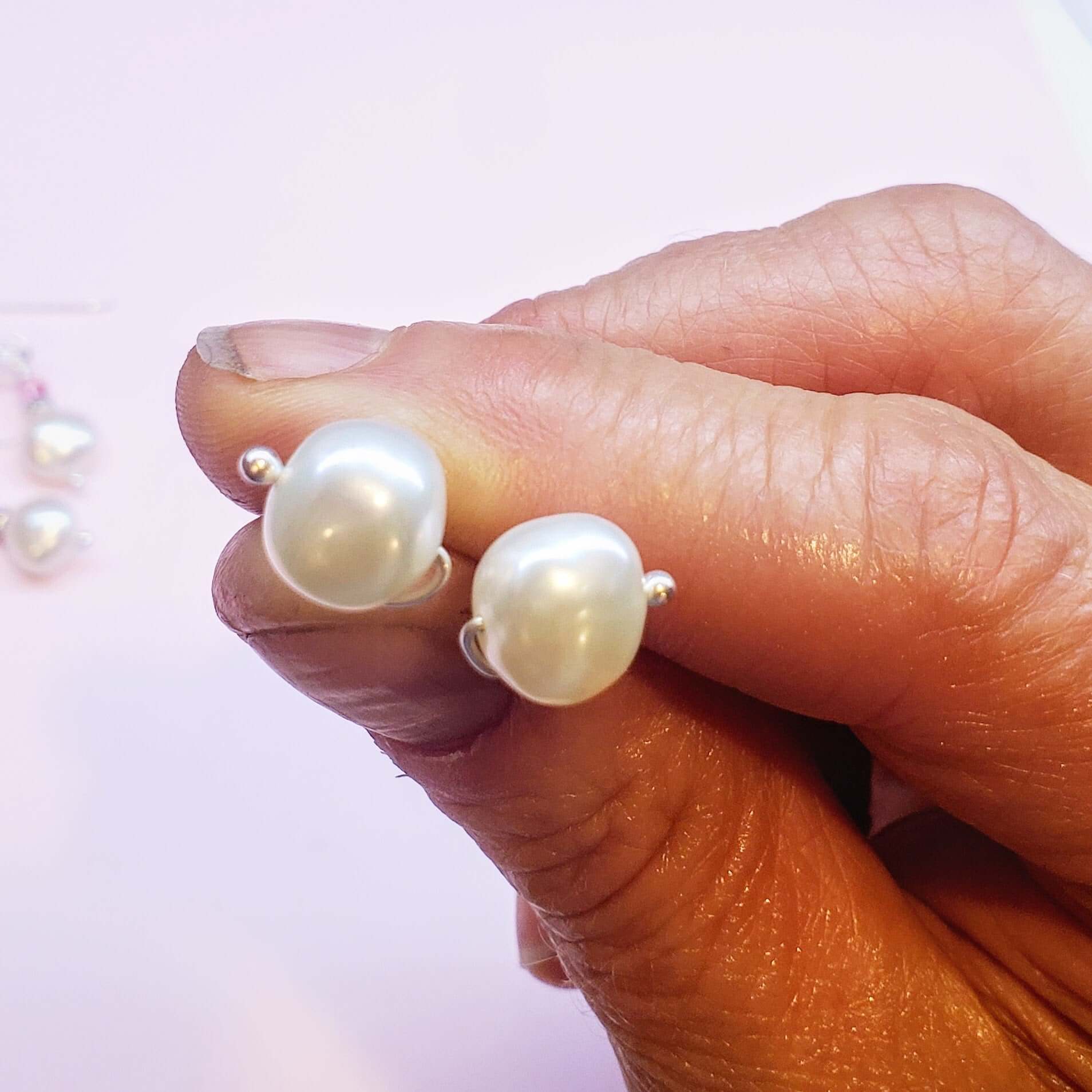Handmade 10mm Lustrous Baroque Freshwater Pearl Silver Spiral Studs