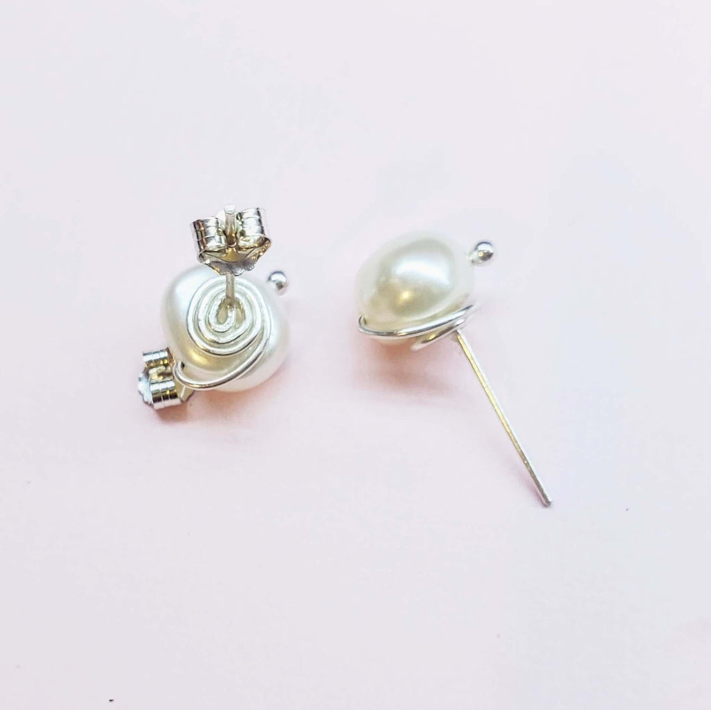 Handmade 10mm Lustrous Baroque Freshwater Pearl Silver Spiral Studs