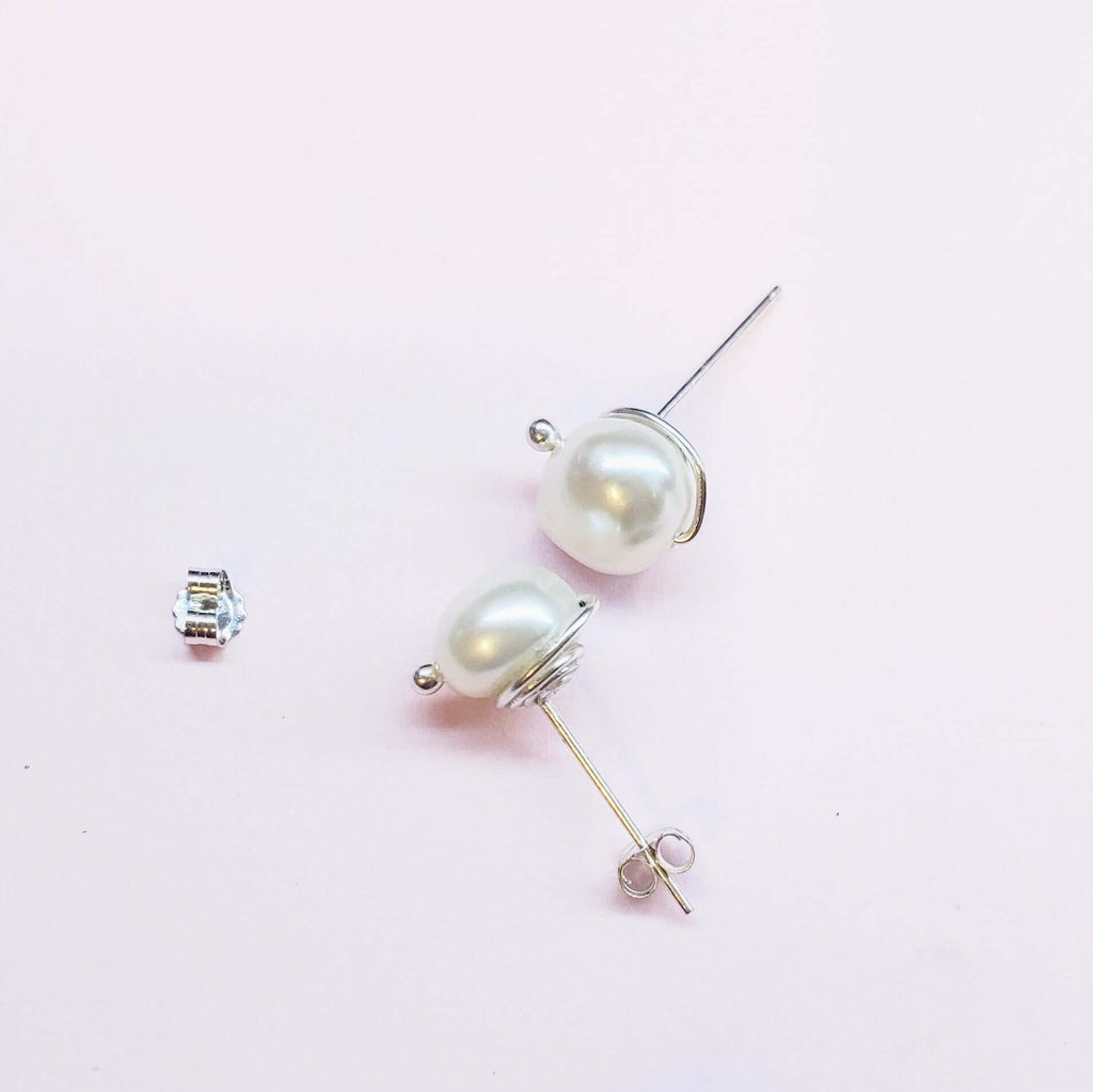 Handmade 10mm Lustrous Baroque Freshwater Pearl Silver Spiral Studs