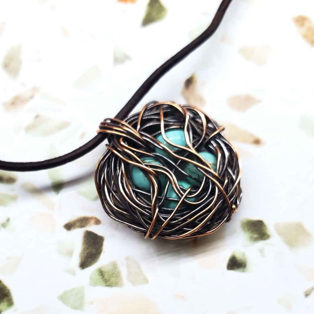 Handmade Copper Robin Nest Necklace with Up To 5 Beads