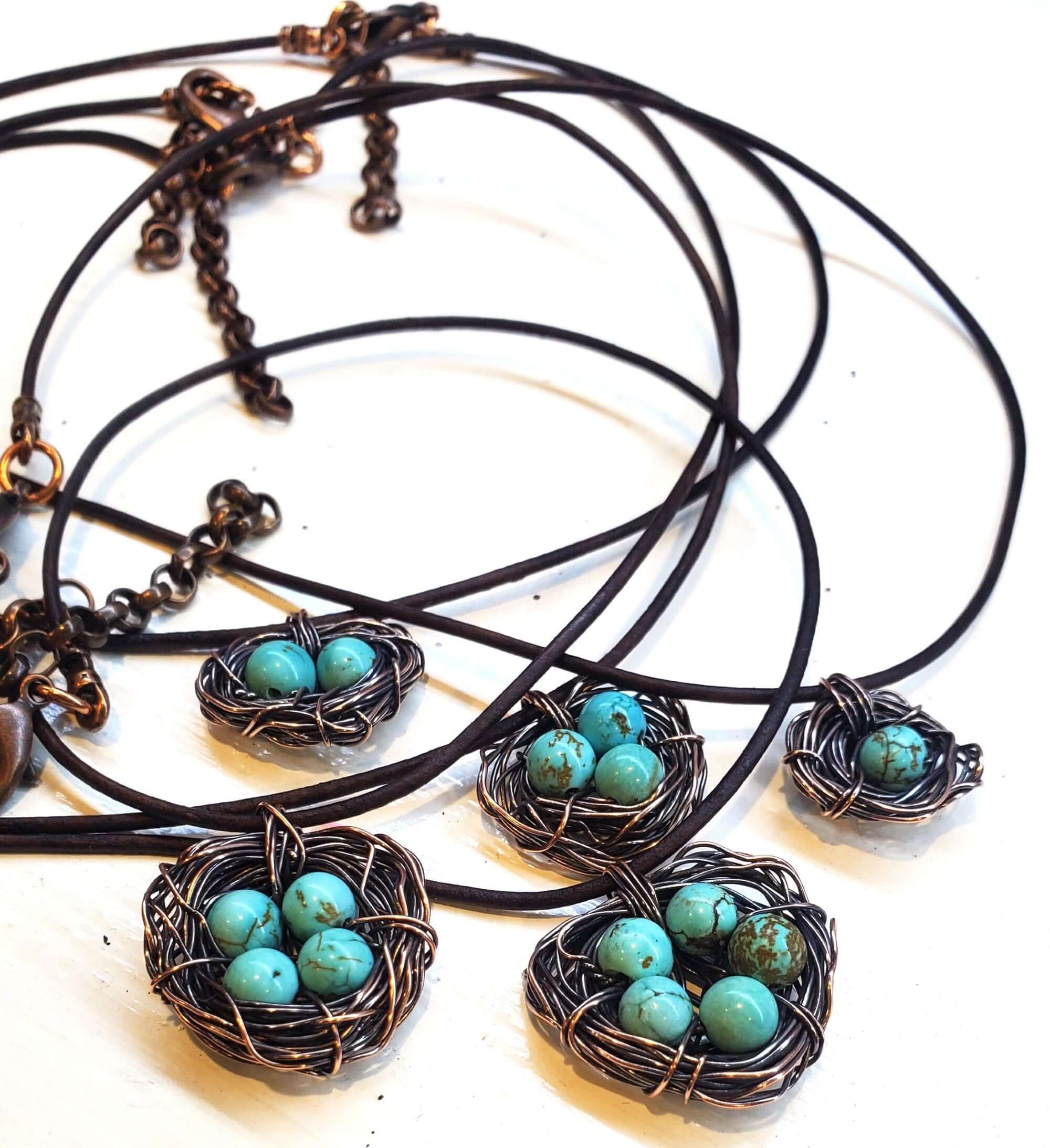 Handmade Copper Robin Nest Necklace with Up To 5 Beads