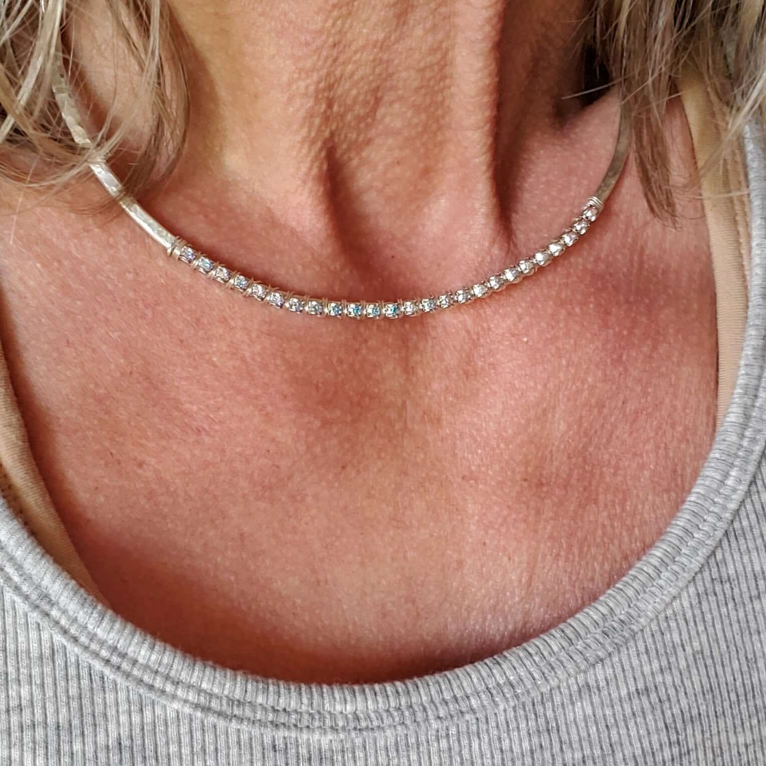 Heavy Gauge 925 Silver Wire Wrapped Swarovski Crystal Choker Necklace