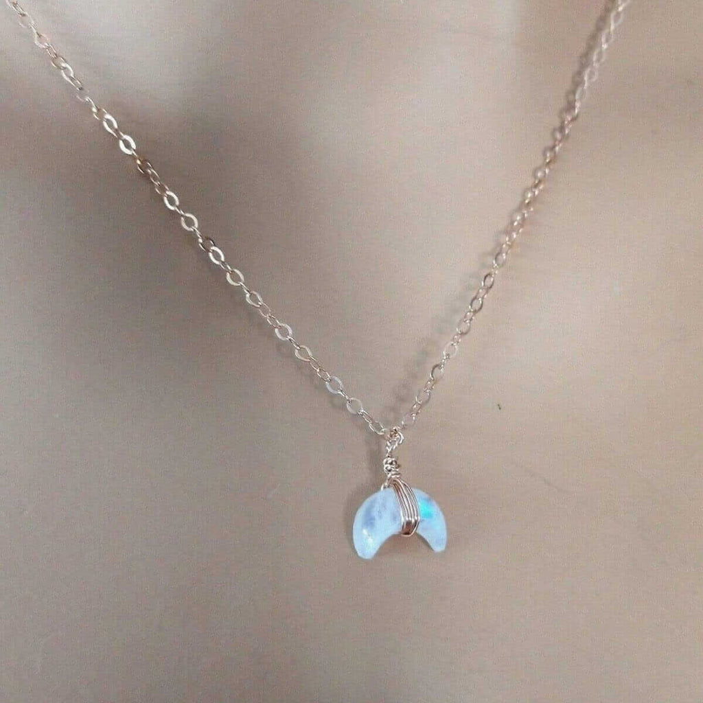 Rose Gold Wire Wrapped Crescent Moonstone Necklace